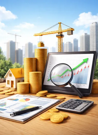 도심 건설 현장을 배경으로 코인, 태블릿 차트, 크레인이 함께 보이는 KODEX 건설 ETF 관련 투자 분석 이미지