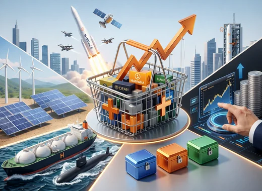 PLUS 한화그룹주 ETF 핵심 종목을 상징적으로 보여주는 이미지로 방산, 에너지, 조선, 우주항공 관련 요소를 함께 담은 구성