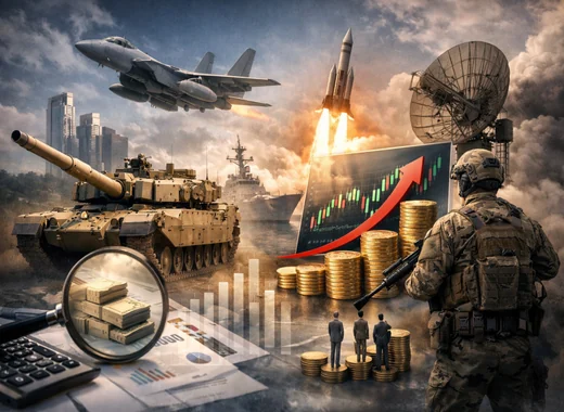 PLUS K방산 ETF 관련 이미지를 표현한 전차, 전투기, 미사일, 군인, 상승 그래프 합성 이미지