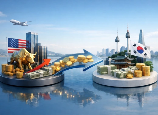 삼성증권 RIA 계좌처럼 해외주식 자금이 국내 투자로 이동하는 흐름을 표현한 이미지