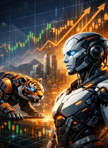 타이거 느낌의 기계 호랑이와 휴머노이드 로봇을 함께 표현한 TIGER 코리아휴머노이드로봇산업 ETF 대표 이미지