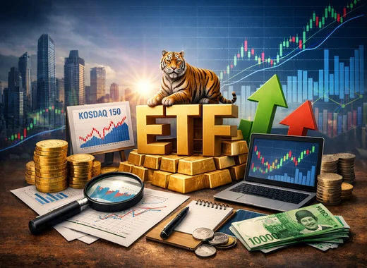 TIGER 코스닥150 ETF를 상징하는 그래프와 투자 이미지를 함께 보여주는 대표 이미지