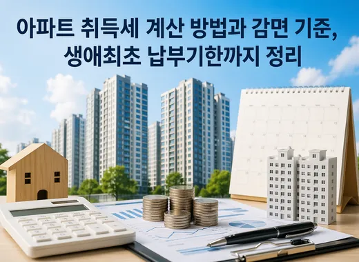 아파트 취득세 계산 방법을 설명하는 이미지로, 계산기와 동전, 아파트 단지 배경을 함께 보여준다.