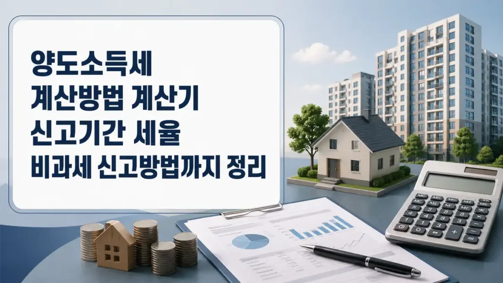 양도소득세 계산방법과 계산기, 신고기간, 세율, 비과세 기준을 정리한 부동산 세금 안내 이미지