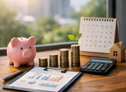 2026 청년미래적금 관련 저축 개념을 보여주는 돼지저금통과 동전, 계산기 이미지