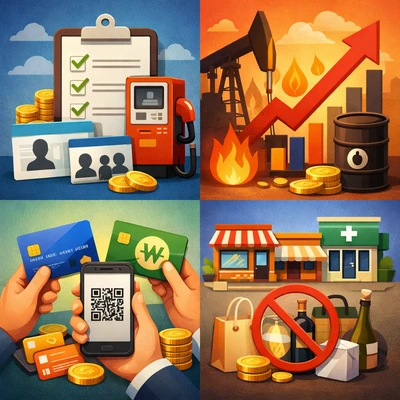 고유가 피해지원금 대상, 지원금액, 신청방법, 지급수단, 사용처를 한눈에 보여주는 안내 이미지