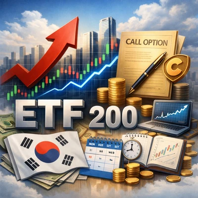 KODEX 200타겟위클리커버드콜 ETF 구조를 연상시키는 상승 그래프와 옵션, 한국 주식시장 분위기의 일러스트 이미지