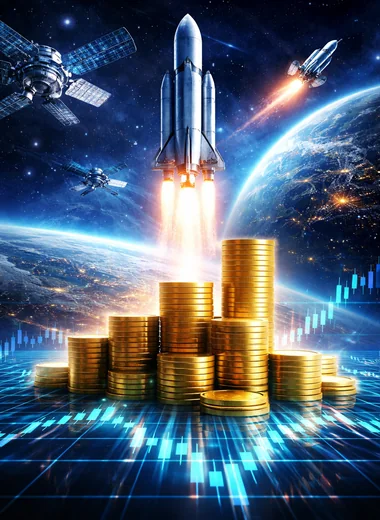 TIGER 미국우주테크 ETF를 설명하는 우주산업 투자 이미지로, 로켓과 위성, 지구 배경 위에 상승 흐름을 보여주는 그래픽