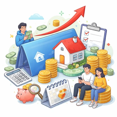 청년주택드림청약통장의 가입 조건과 저축 이미지를 함께 보여주는 일러스트