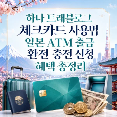 하나 트래블로그 체크카드 일본 ATM 출금과 엔화 환전 충전 방법을 정리한 안내 이미지